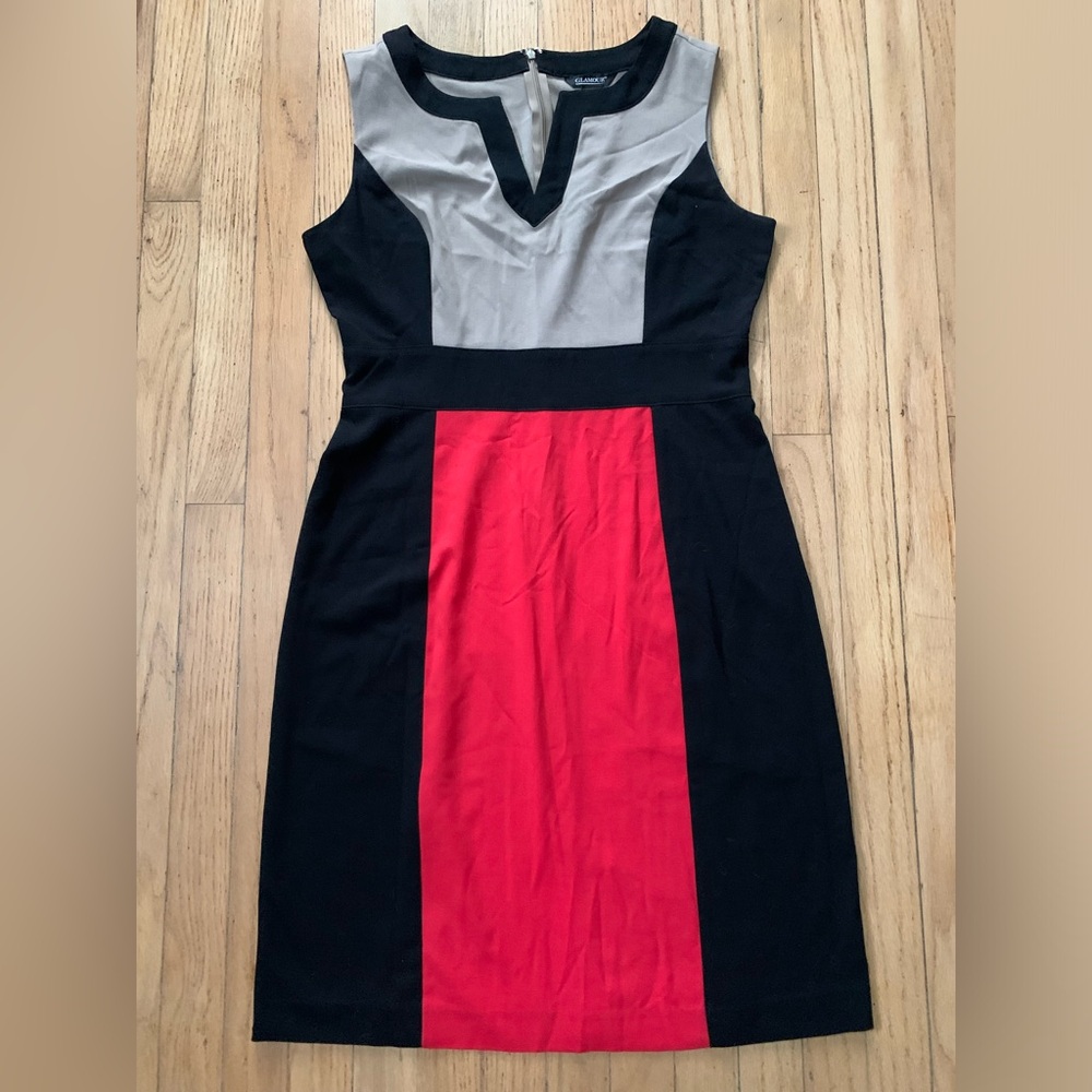 Glamour Black, Tan& Corral Pencil Dress Size:12